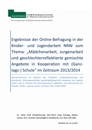 Buchtitel: Ergebnisse der Online-Befragung in  der Kinder- und Jugendarbeit NRW zum Thema: „Mädchenarbeit, Jungenarbeit und geschlechterreflektierte gemischte Angebote in Kooperation mit (Ganztags-)Schule“ im Zeitraum 2013/2014